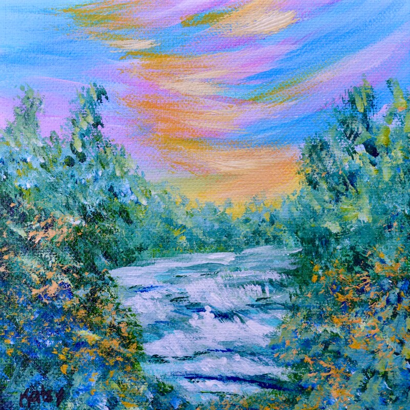 Original landscape painting with waterfall and colorful clouds 6x6 canvas  wall art